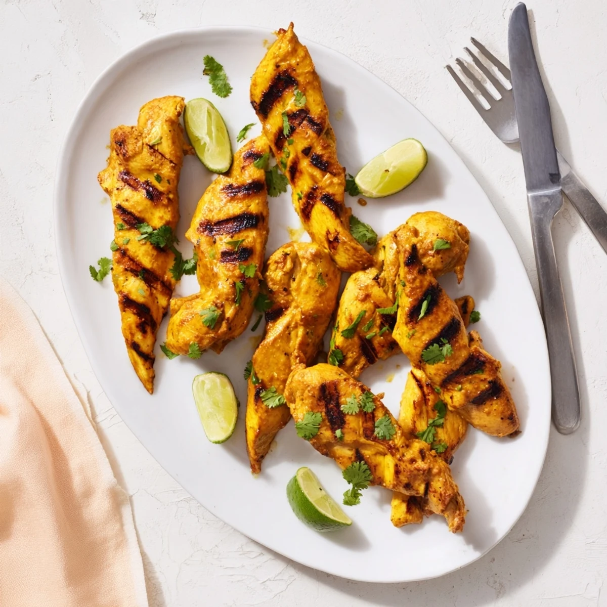 Golden grilled mango chicken breasts garnished with fresh cilantro and lime wedges on a white serving plate
