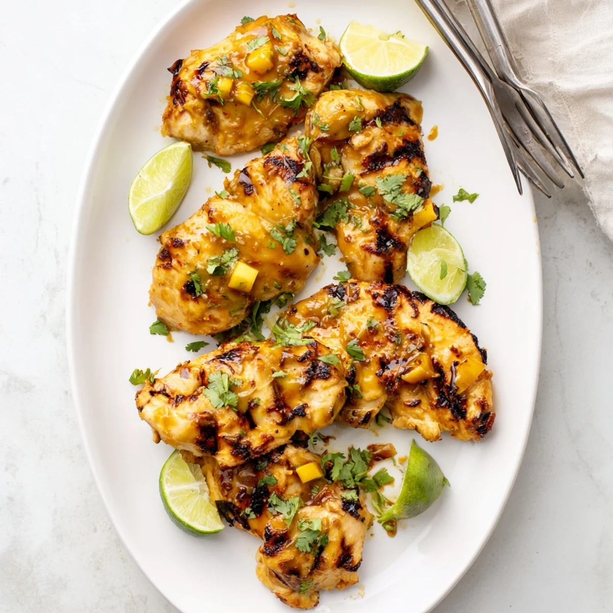 Tender grilled mango chicken sliced to reveal moist interior topped with chopped cilantro