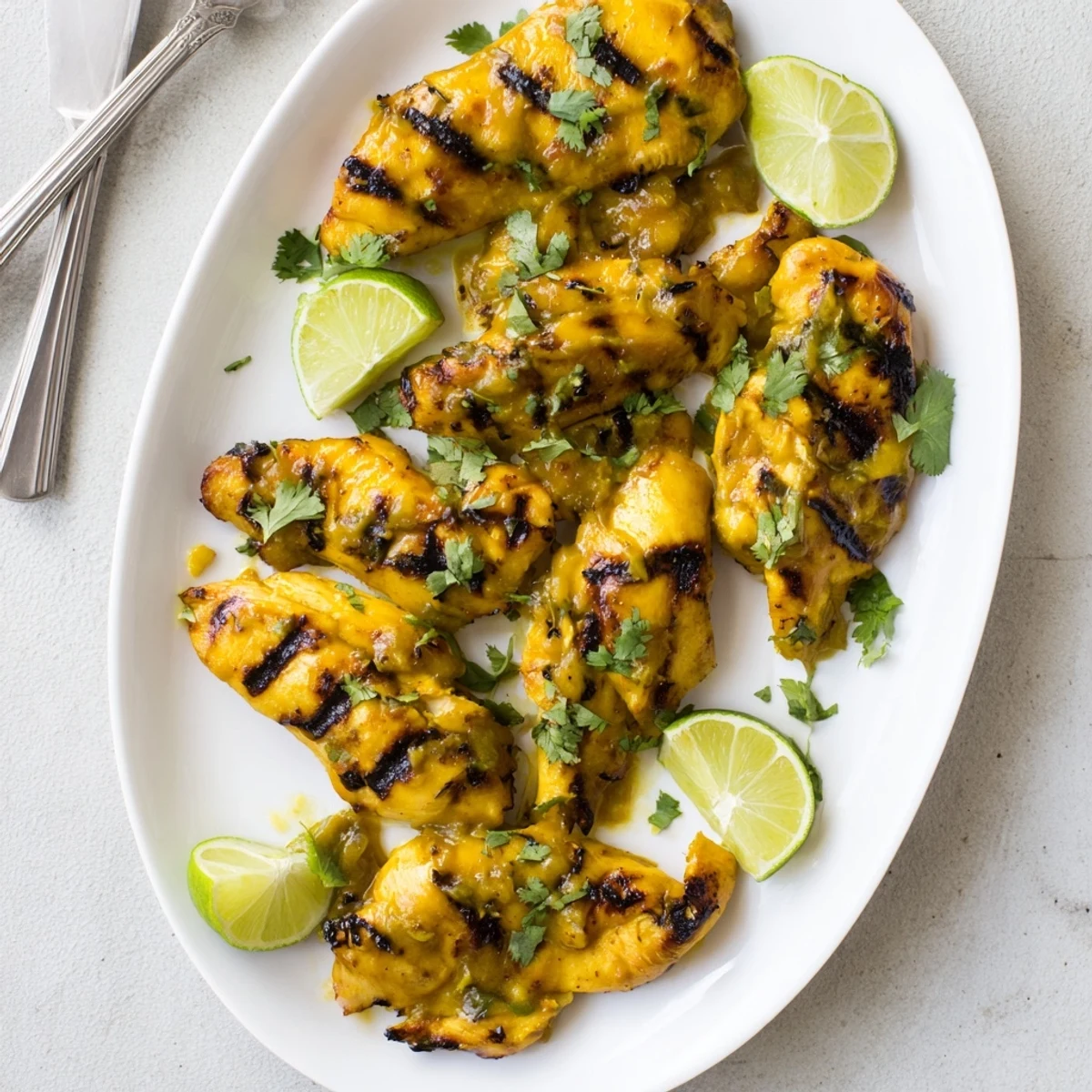 Juicy chicken glazed with sweet mango marinade displaying beautiful grill marks and tropical aromas