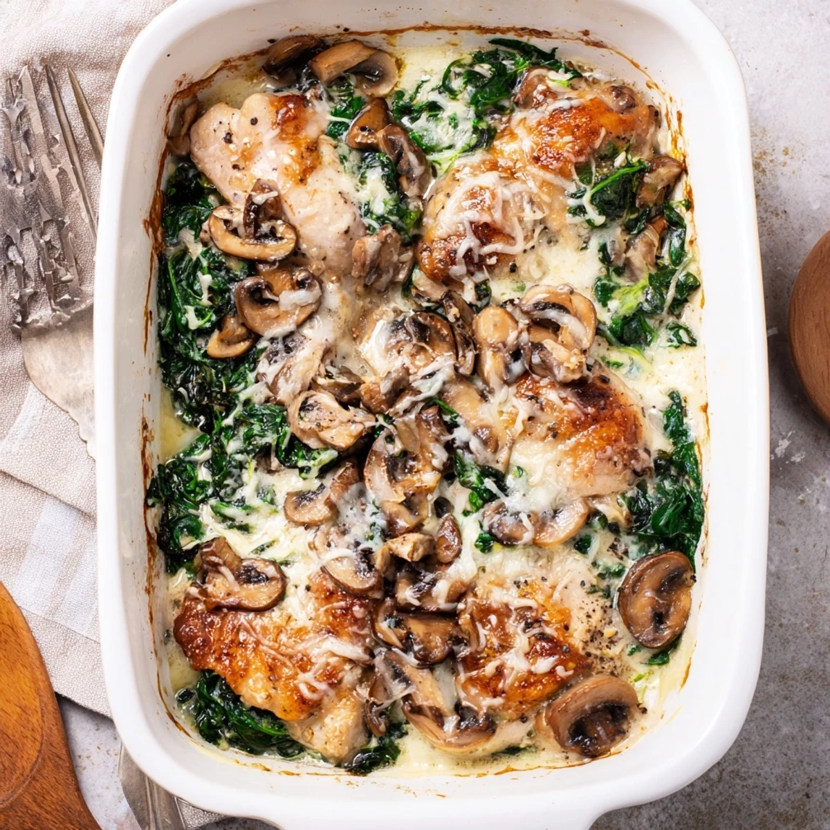 Golden brown chicken breasts bubbling with mozzarella cheese in a low carb chicken spinach mushroom bake
