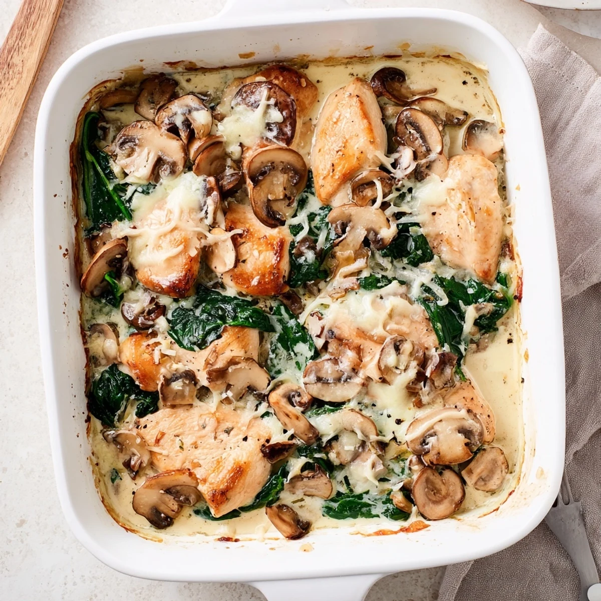 Savory weeknight dinner of juicy chicken topped with wilted spinach and mushrooms in low carb chicken spinach mushroom bake