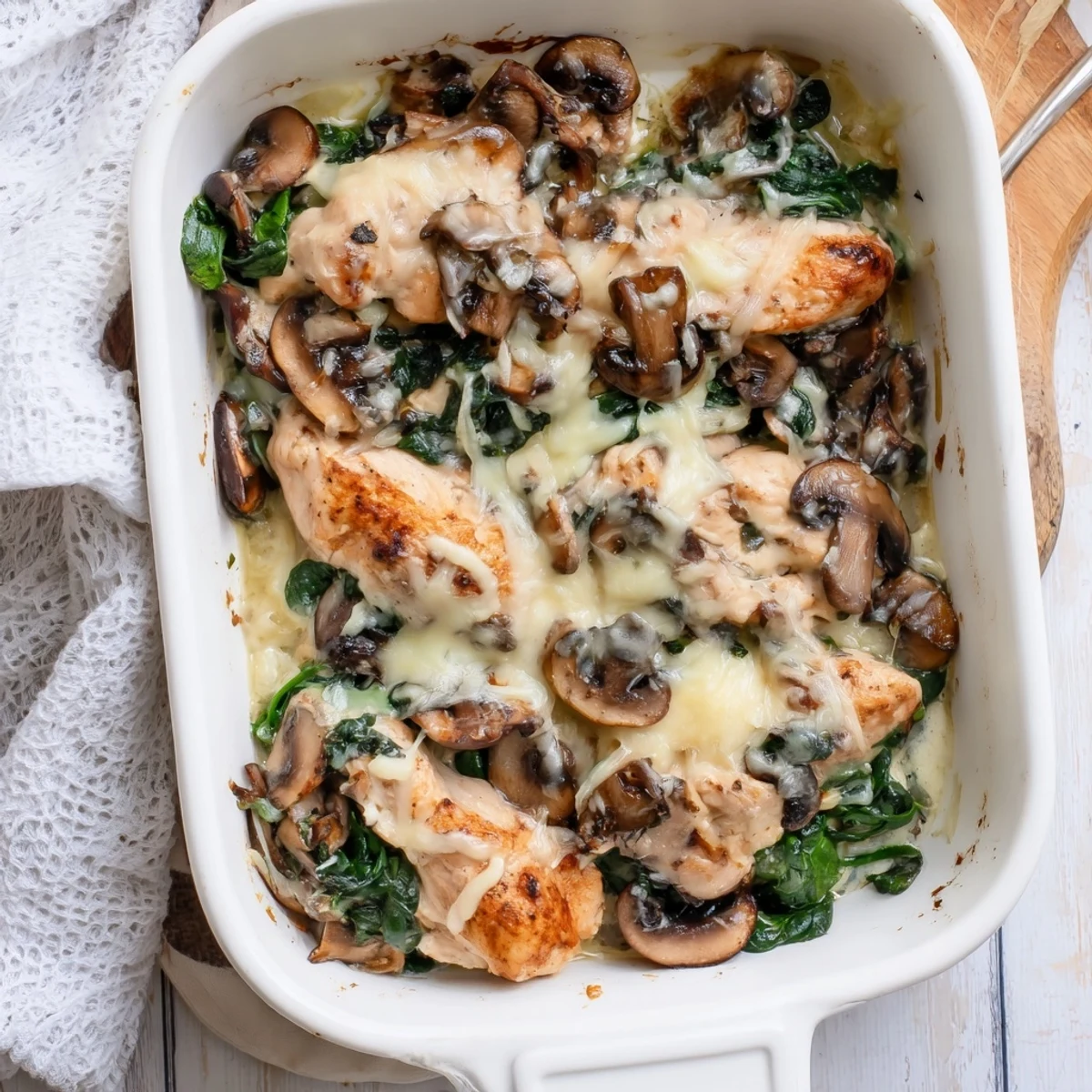 Creamy baked chicken casserole featuring tender spinach mushrooms and melted cheese in low carb chicken spinach mushroom bake