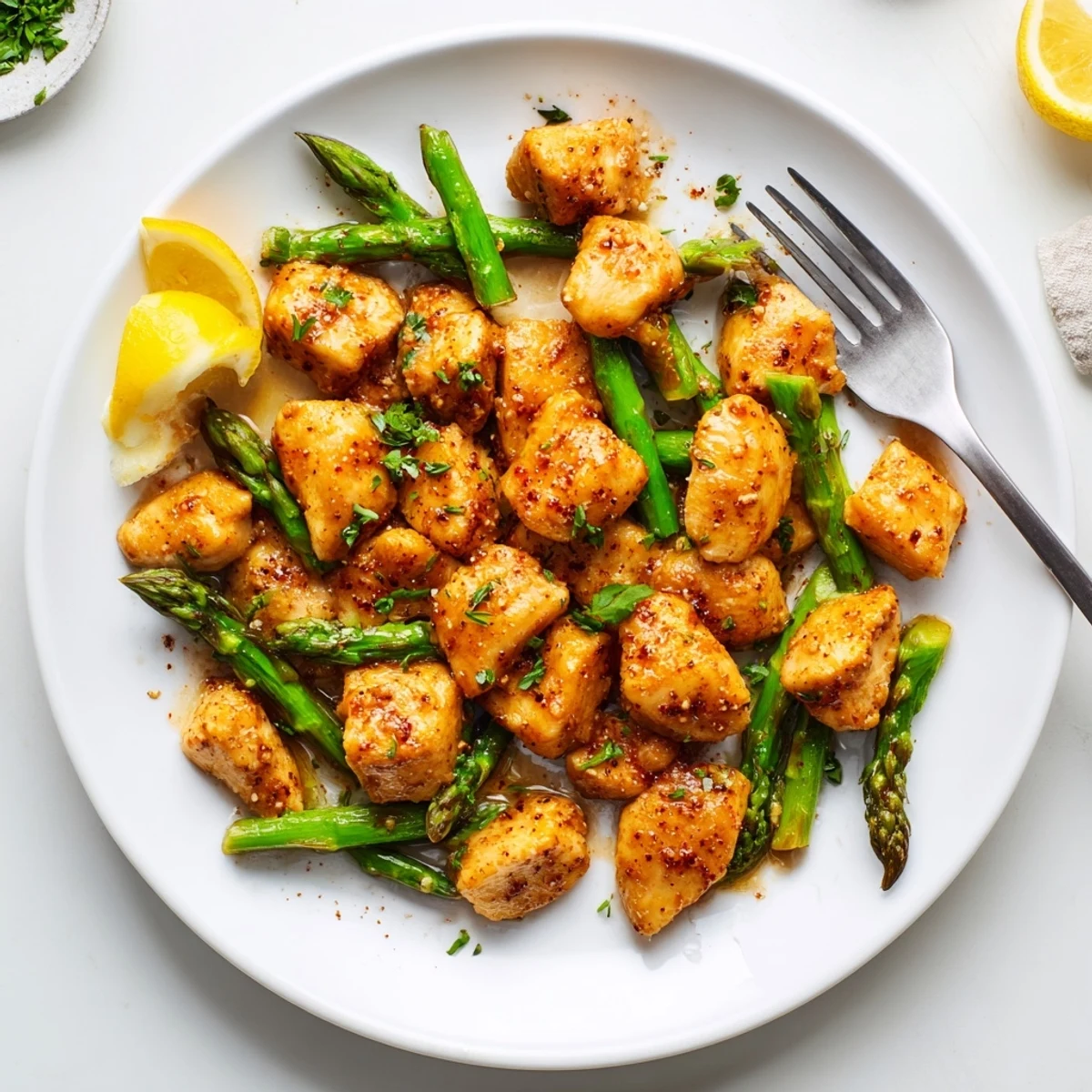Golden pan-seared chicken bites with crisp asparagus pieces coated in rich garlic butter sauce