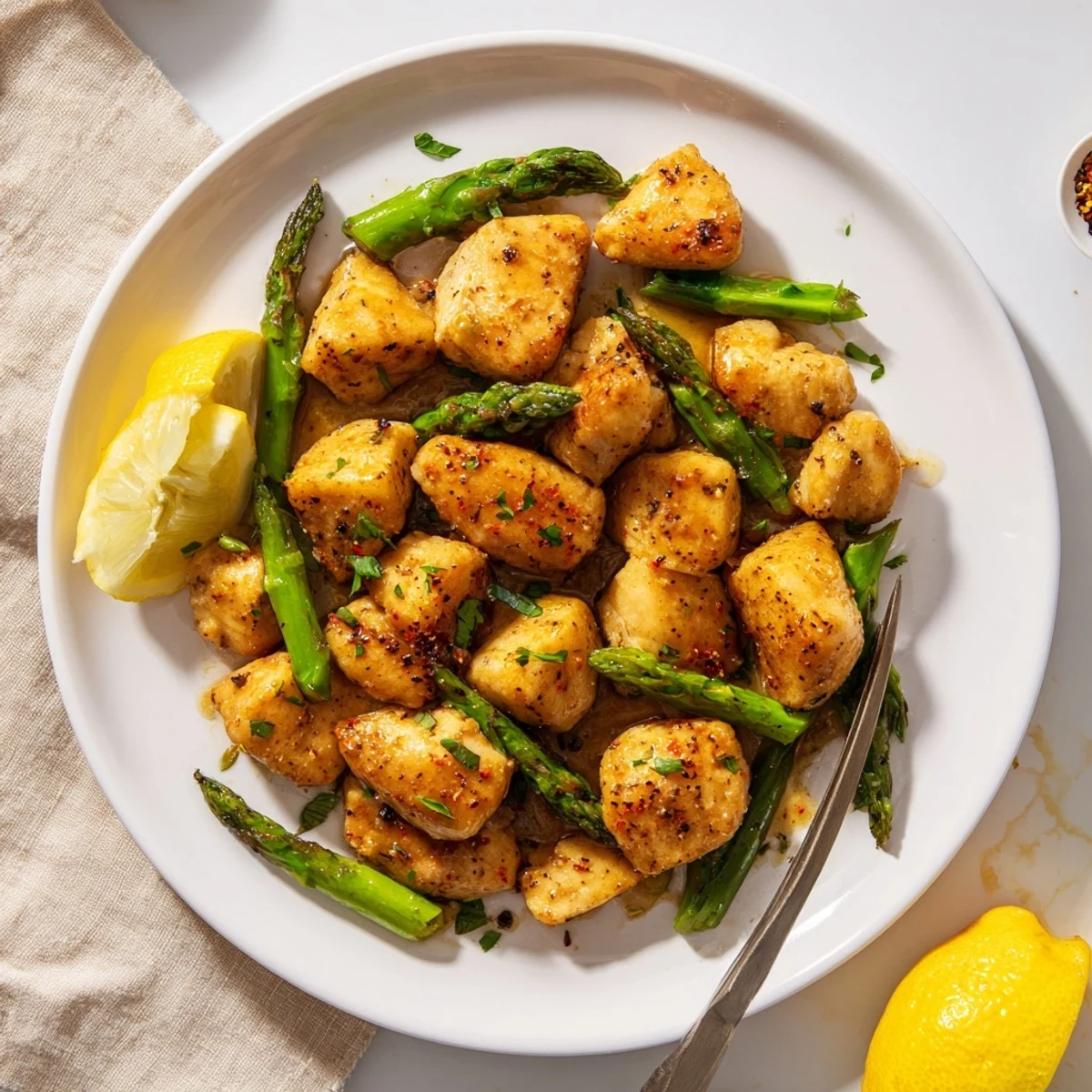 Tender garlic butter chicken bites served alongside vibrant green asparagus garnished with fresh parsley