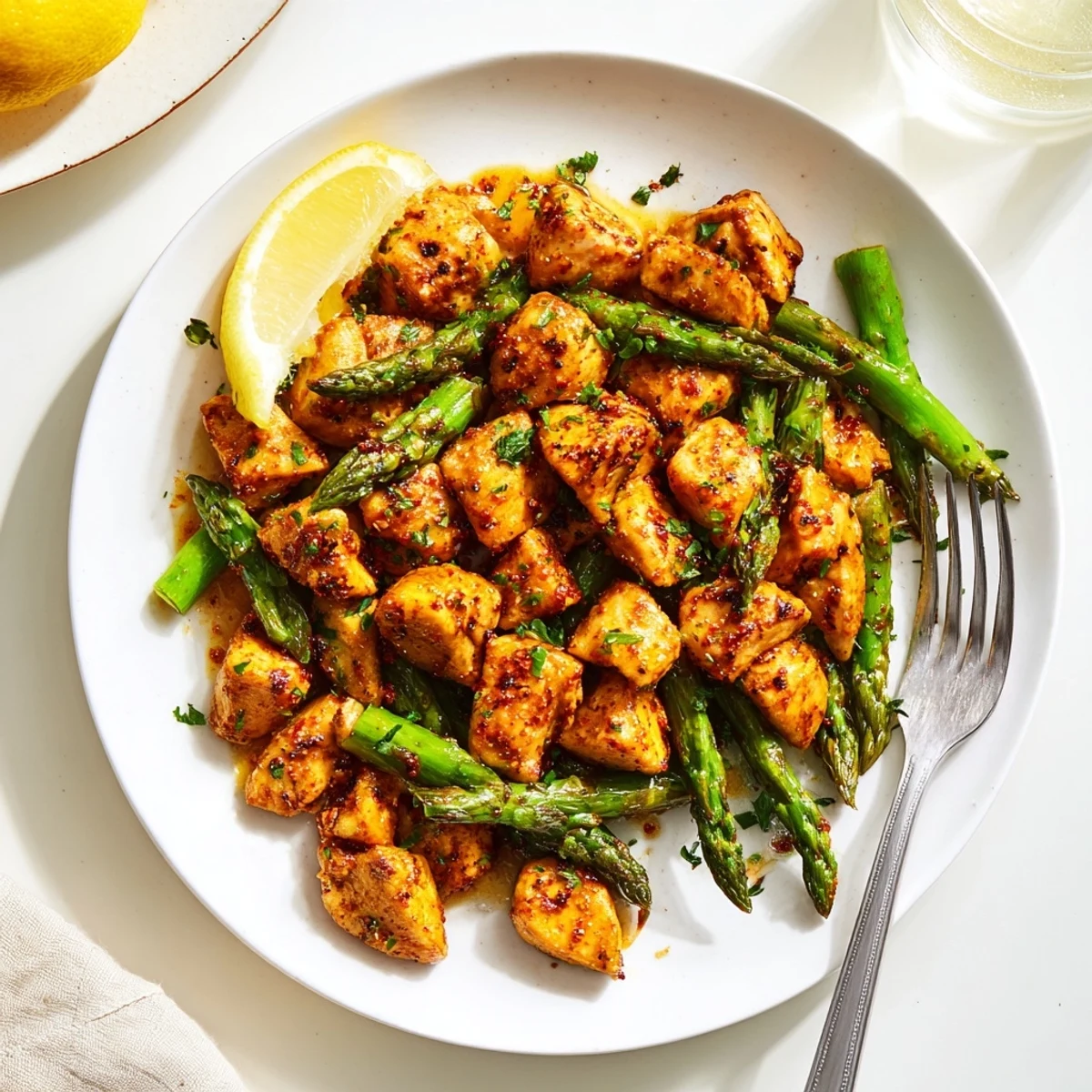 Sizzling skillet of garlic butter chicken bites and asparagus drizzled with lemon butter sauce