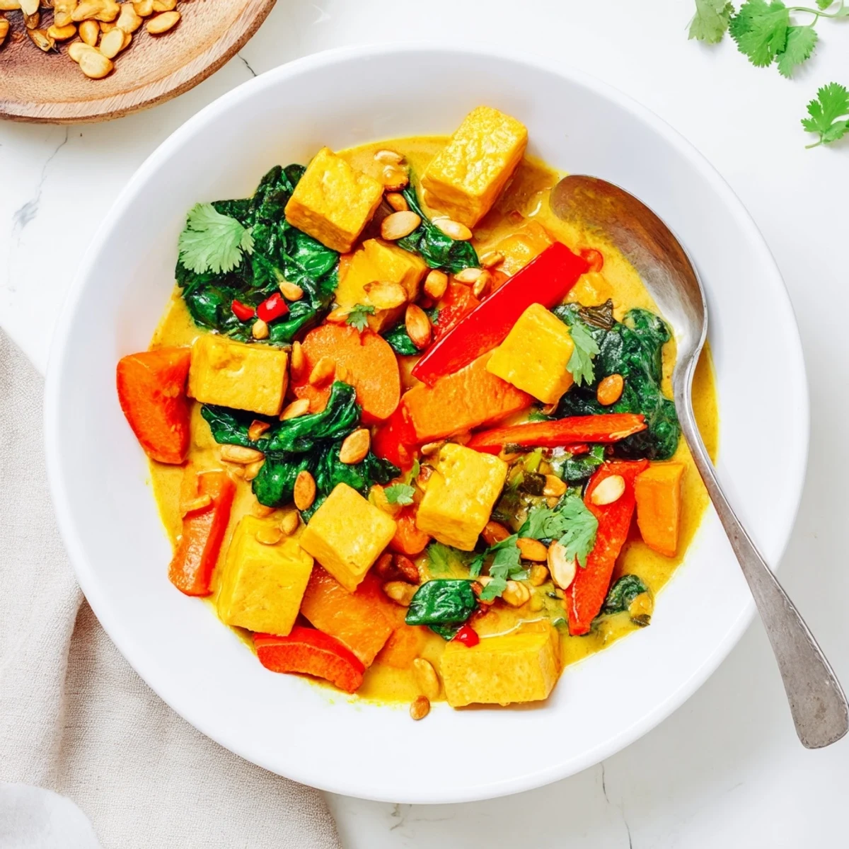 Golden pumpkin cubes and crispy tofu swimming in rich coconut curry sauce