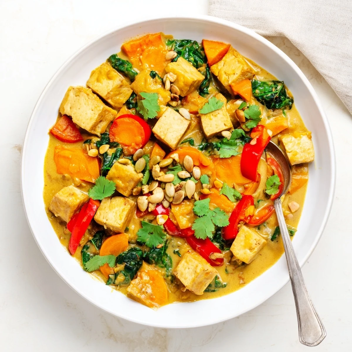 Hearty vegetarian pumpkin tofu curry topped with fresh cilantro and toasted seeds