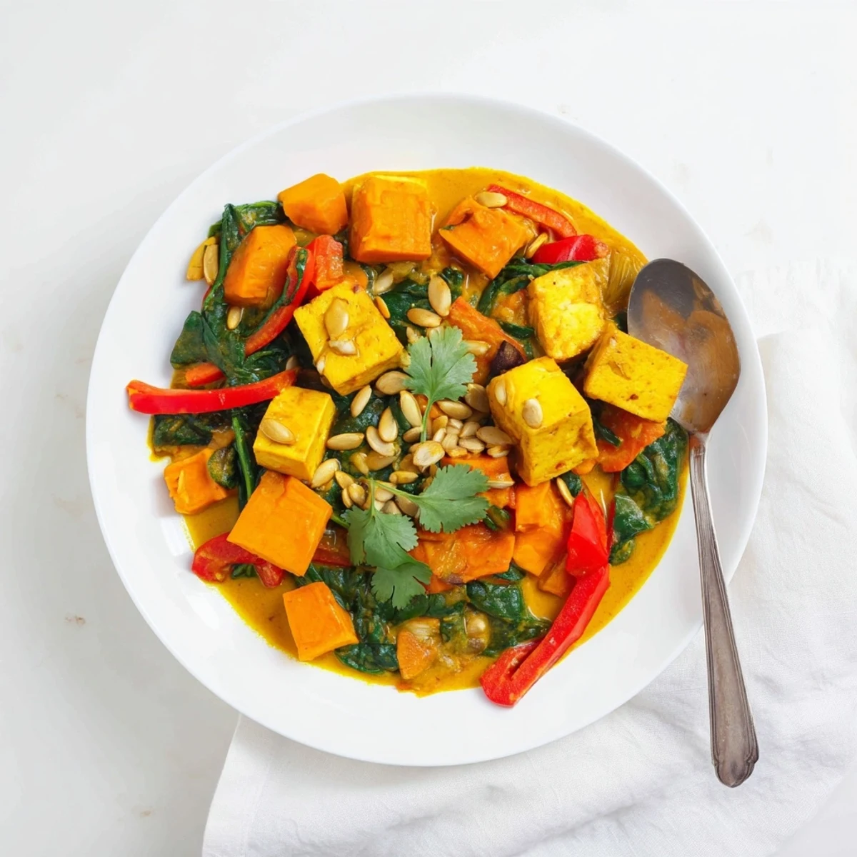 Creamy Indian-inspired pumpkin curry with tender vegetables and golden pan-fried tofu