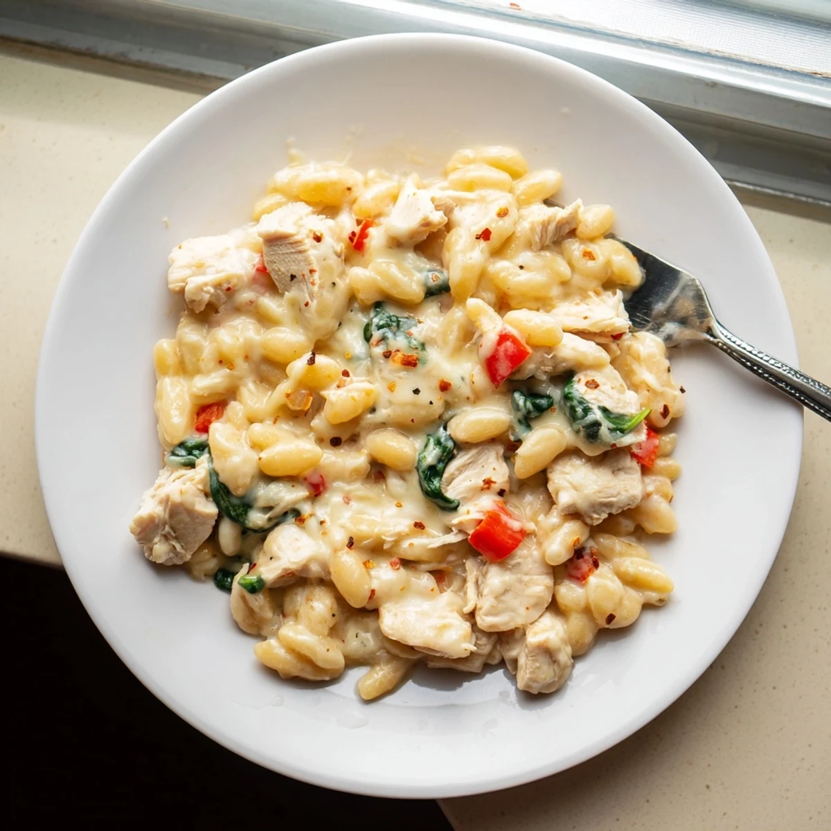 Golden cheesy chicken risoni skillet with melted mozzarella and tender spinach