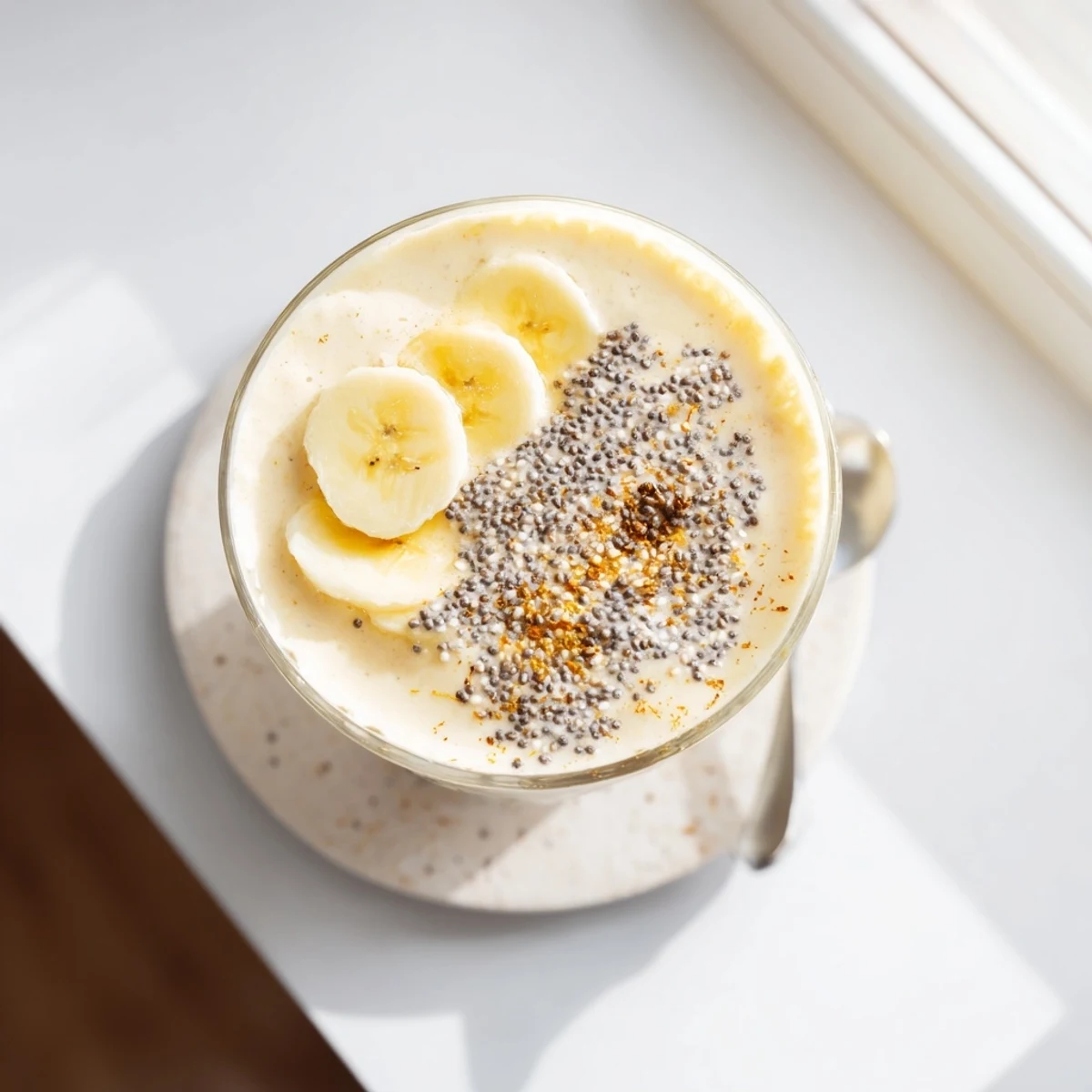 Thick creamy Greek yogurt banana smoothie poured into a glass with fresh banana slices