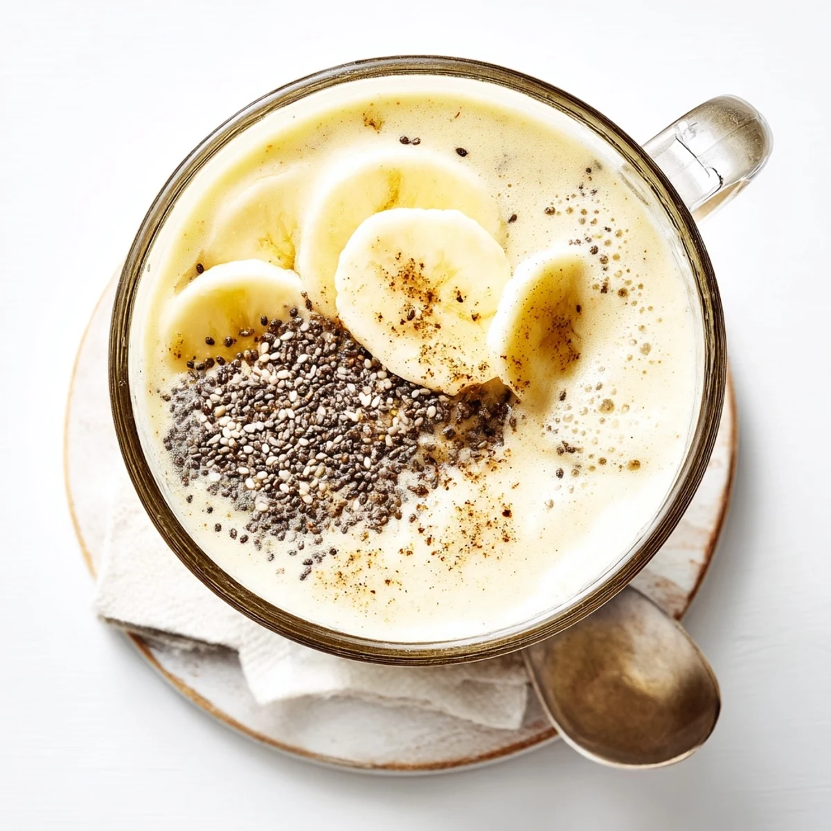 Golden banana Greek yogurt smoothie blended with ice and drizzled with honey topping