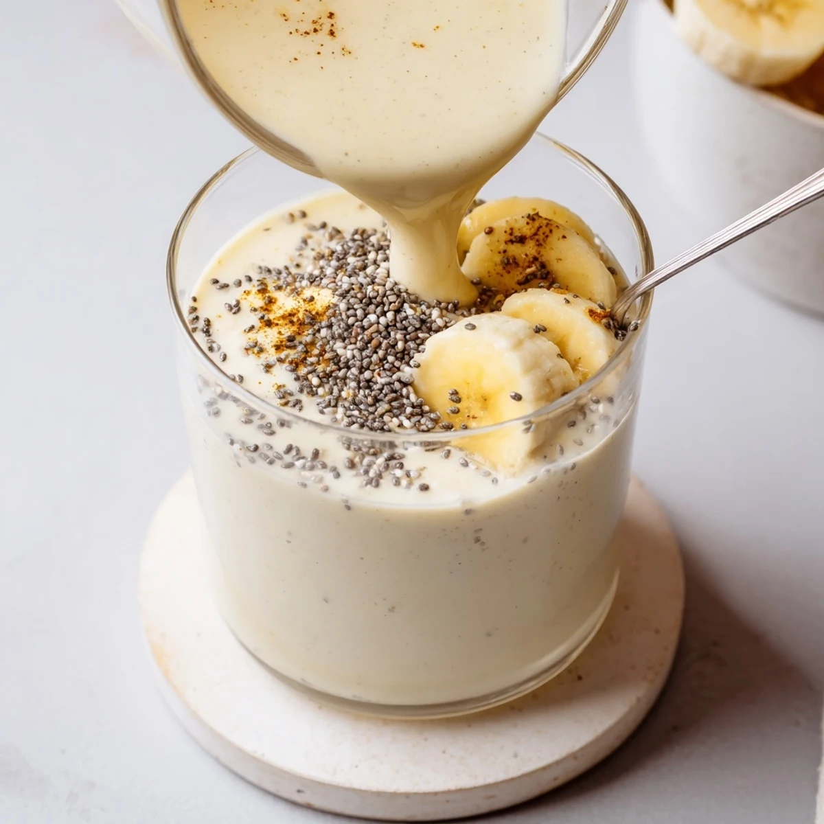 Protein-packed Greek yogurt banana smoothie in tall glass with cinnamon sprinkle and straw