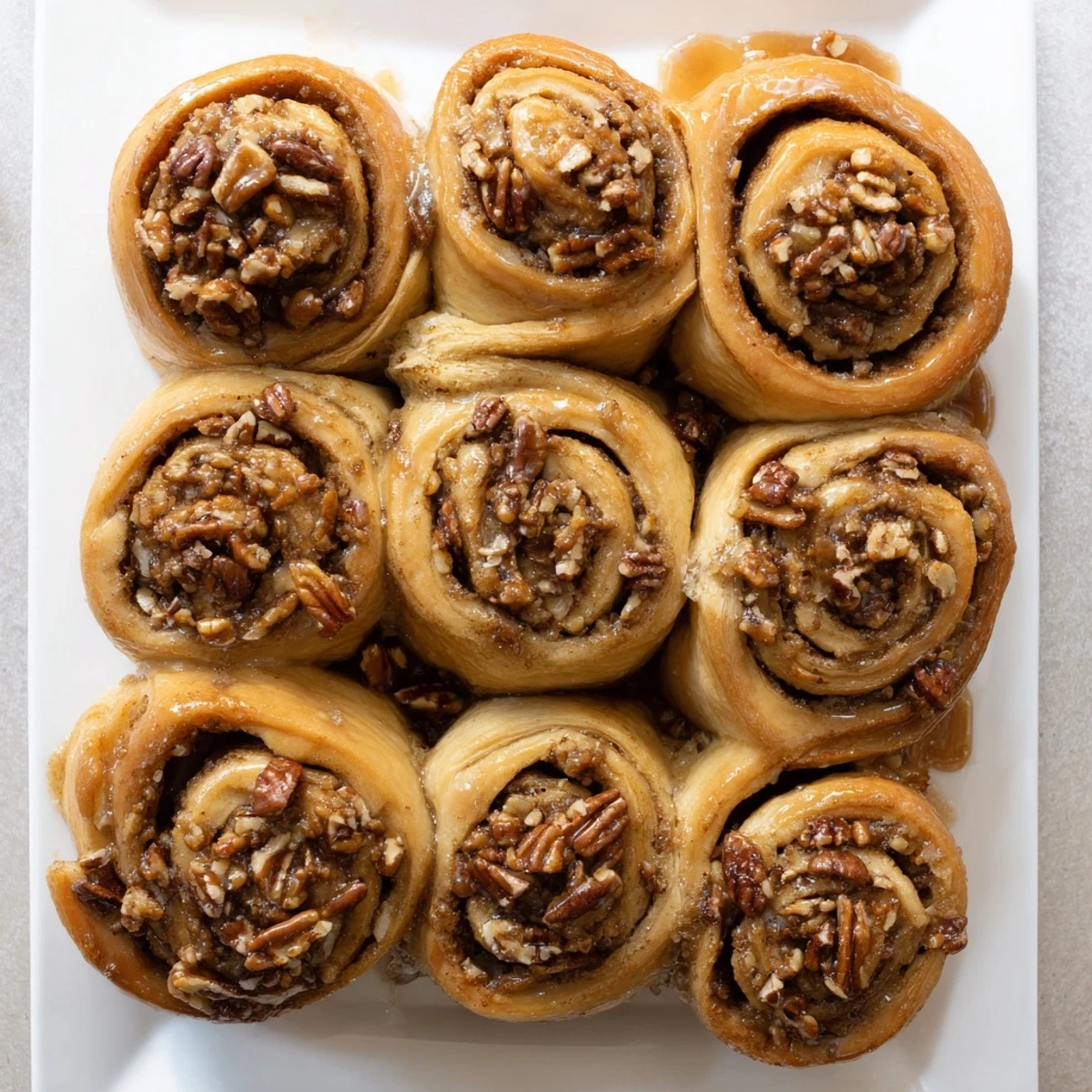 Golden Vietnamese cinnamon date sticky buns with caramelized glaze dripping down soft spiraled layers