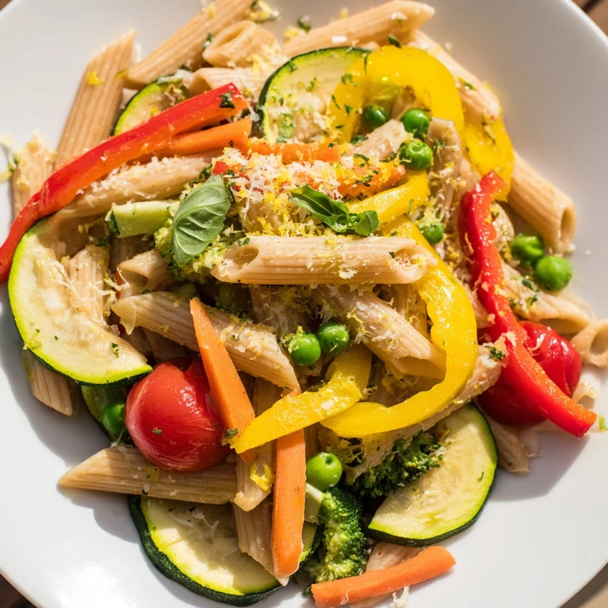 Colorful Pasta Primavera with fresh spring vegetables in a light lemon parmesan sauce