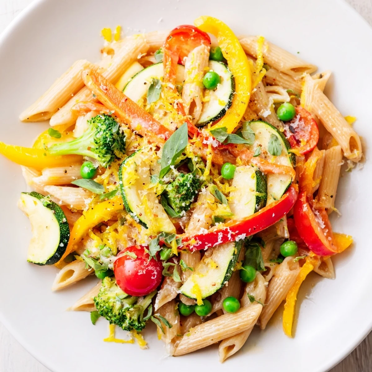 Al dente pasta tossed with vibrant zucchini peppers cherry tomatoes and aromatic basil