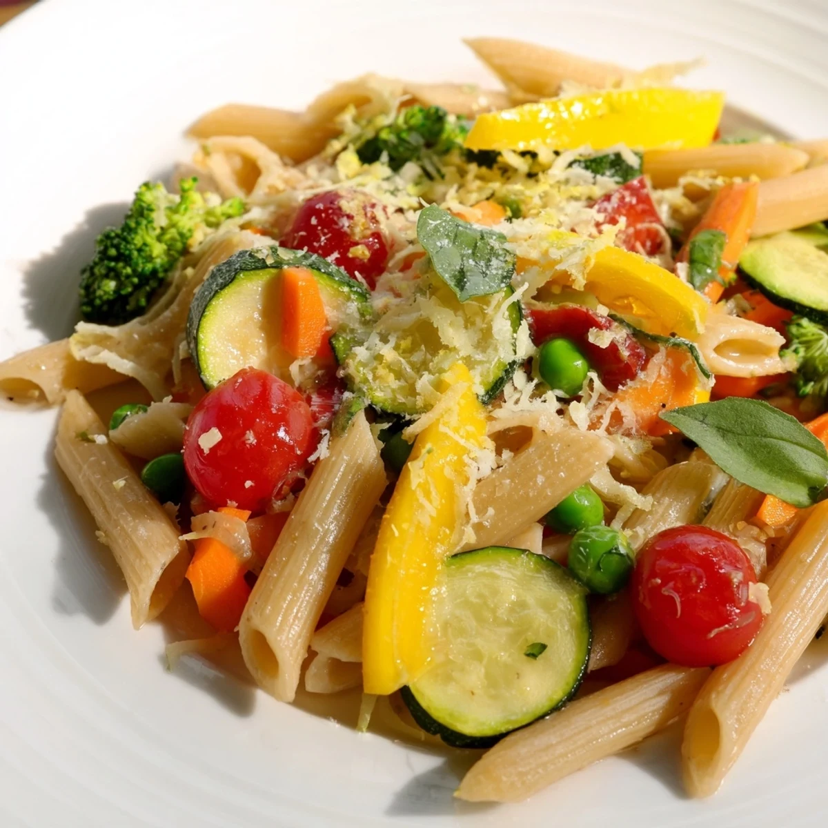 Creamy vegetarian Pasta Primavera topped with grated Parmesan cheese and fresh herbs