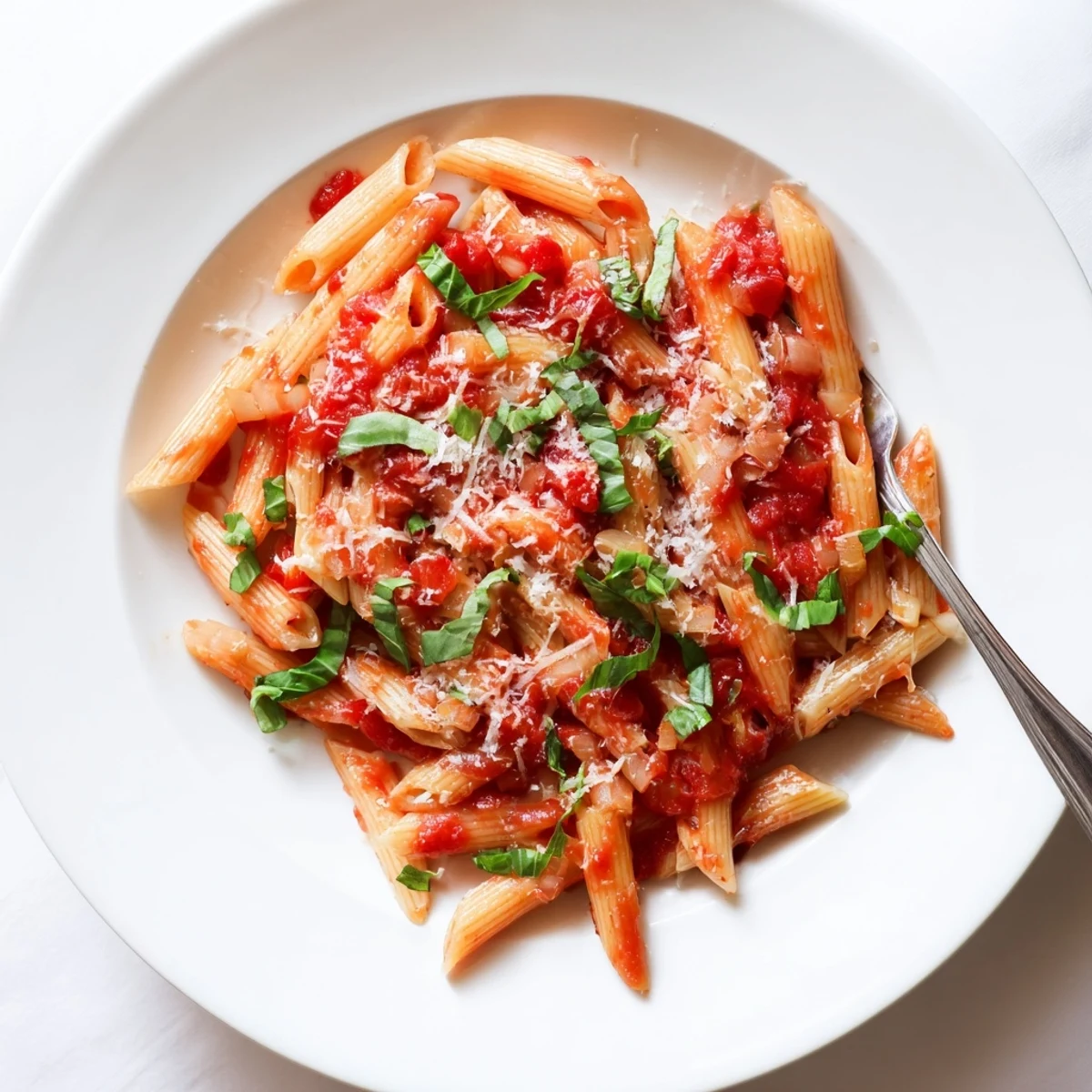 Steaming bowl of 20 minute penne pasta coated in vibrant red garlic tomato sauce with fresh basil sprinkles