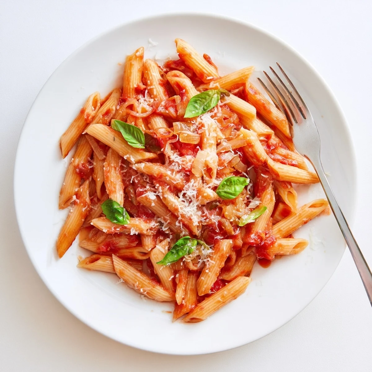 Twirled penne pasta swimming in savory tomato sauce topped with grated Parmesan and green basil garnish