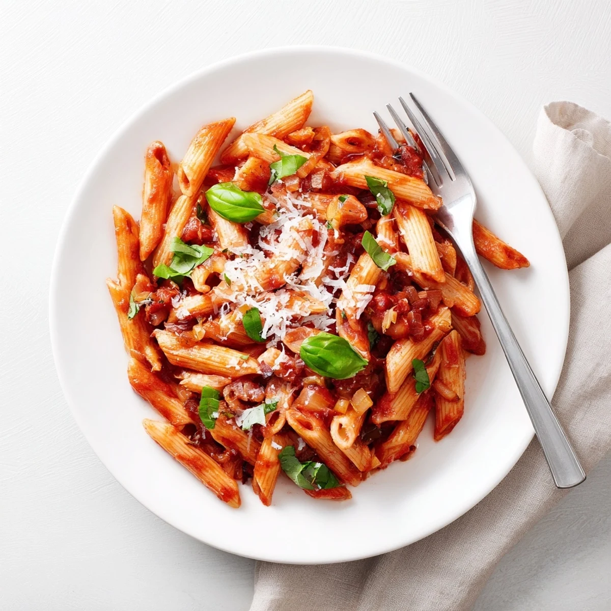 Close up of tender penne tossed with garlicky tomato sauce finished with melted cheese and fresh herbs