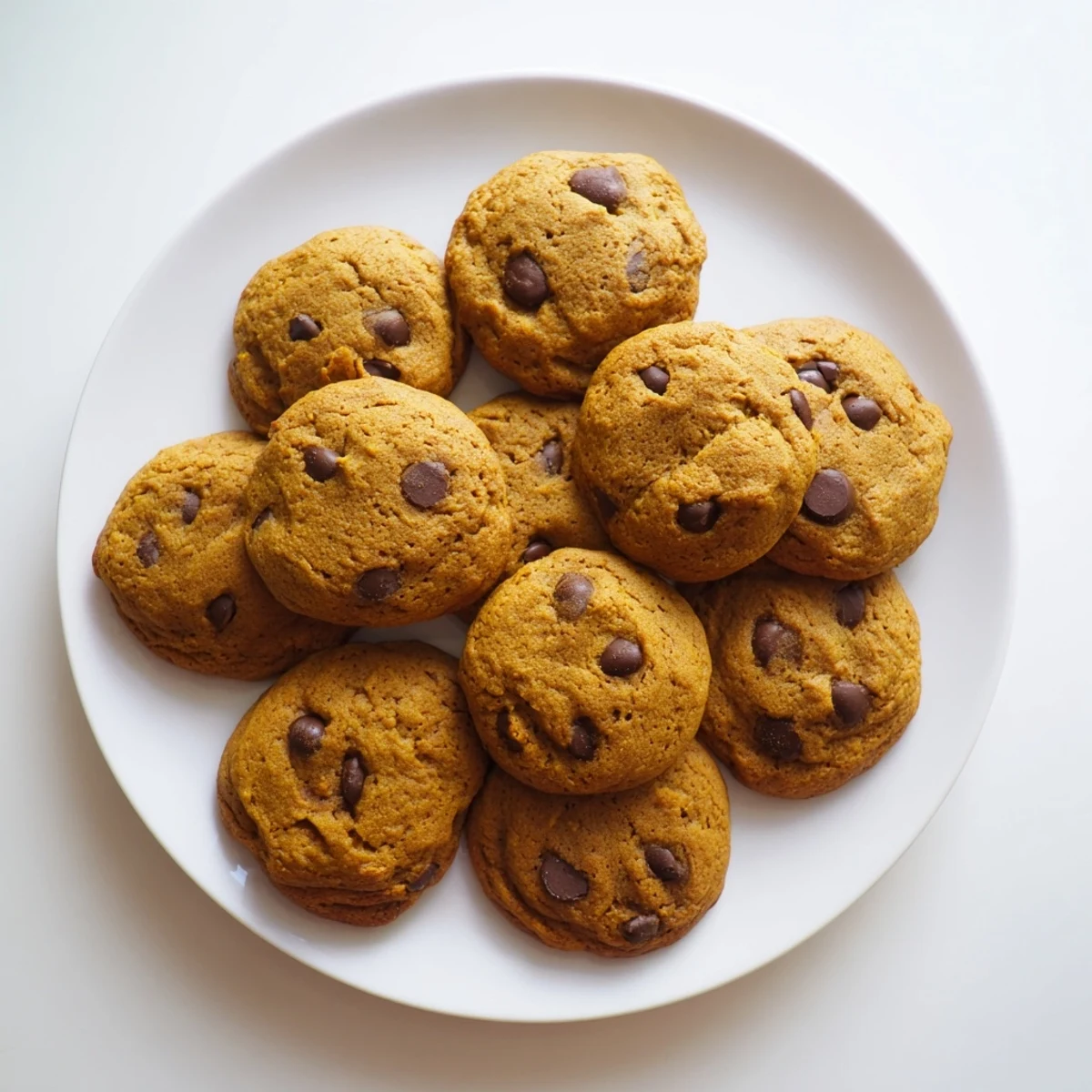 Soft pumpkin spice chocolate chip cookies with golden edges and melted chocolate chunks