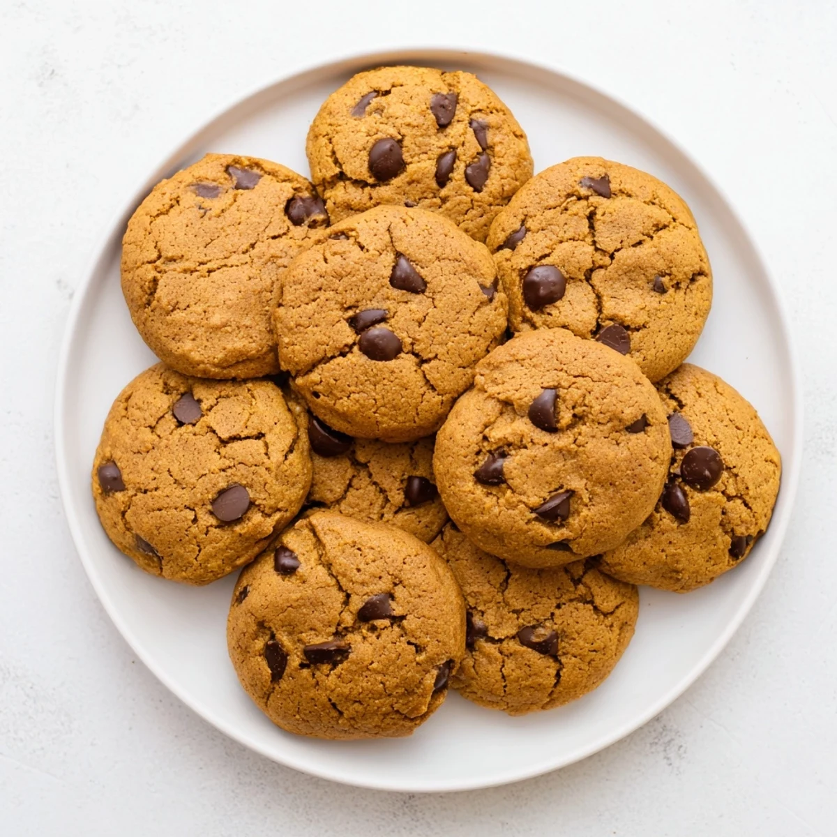 Chewy pumpkin spice chocolate chip cookies stacked on wooden board with cinnamon dusting