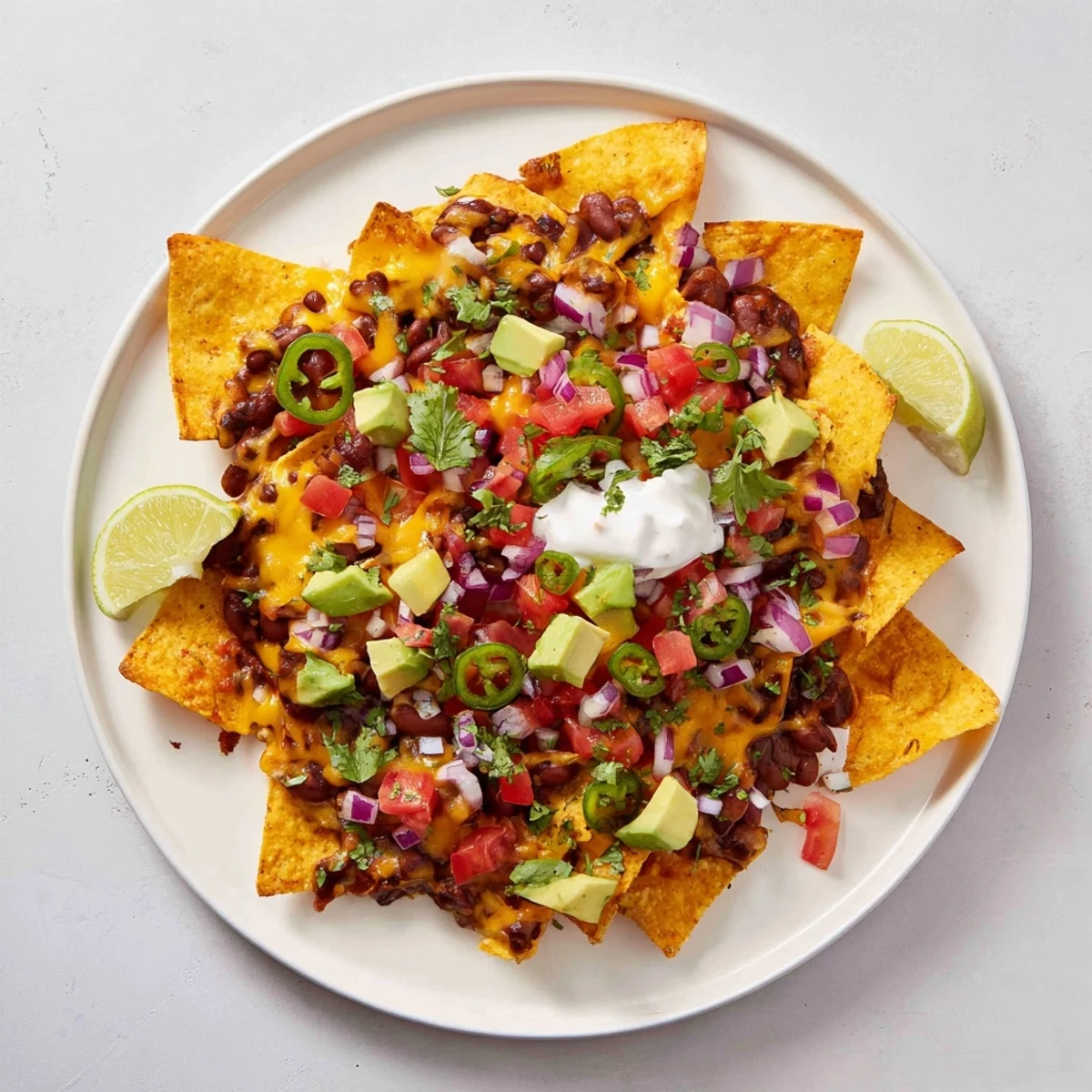 Golden baked bean nachos loaded with melted cheddar and Monterey Jack cheese