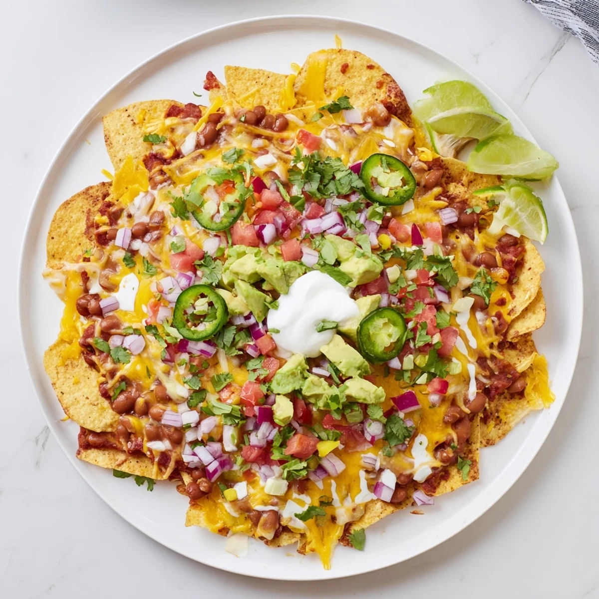 Crispy tortilla chips topped with savory baked beans and colorful fresh vegetable toppings