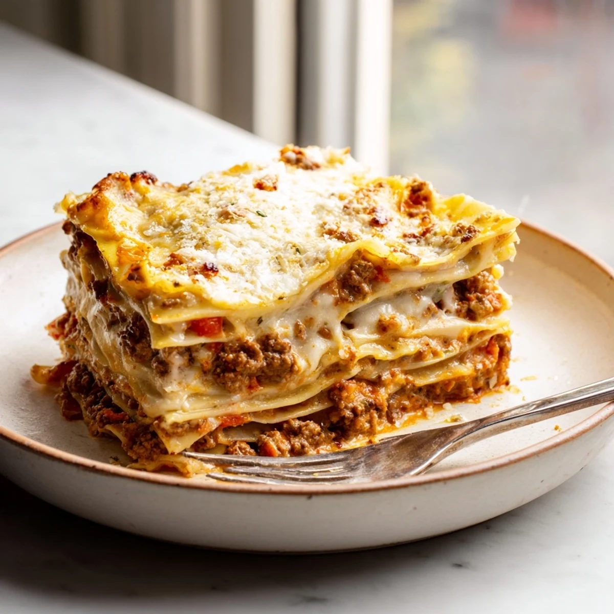 Golden Classic Beef Lasagne with bubbling melted cheese layers and rich ragù