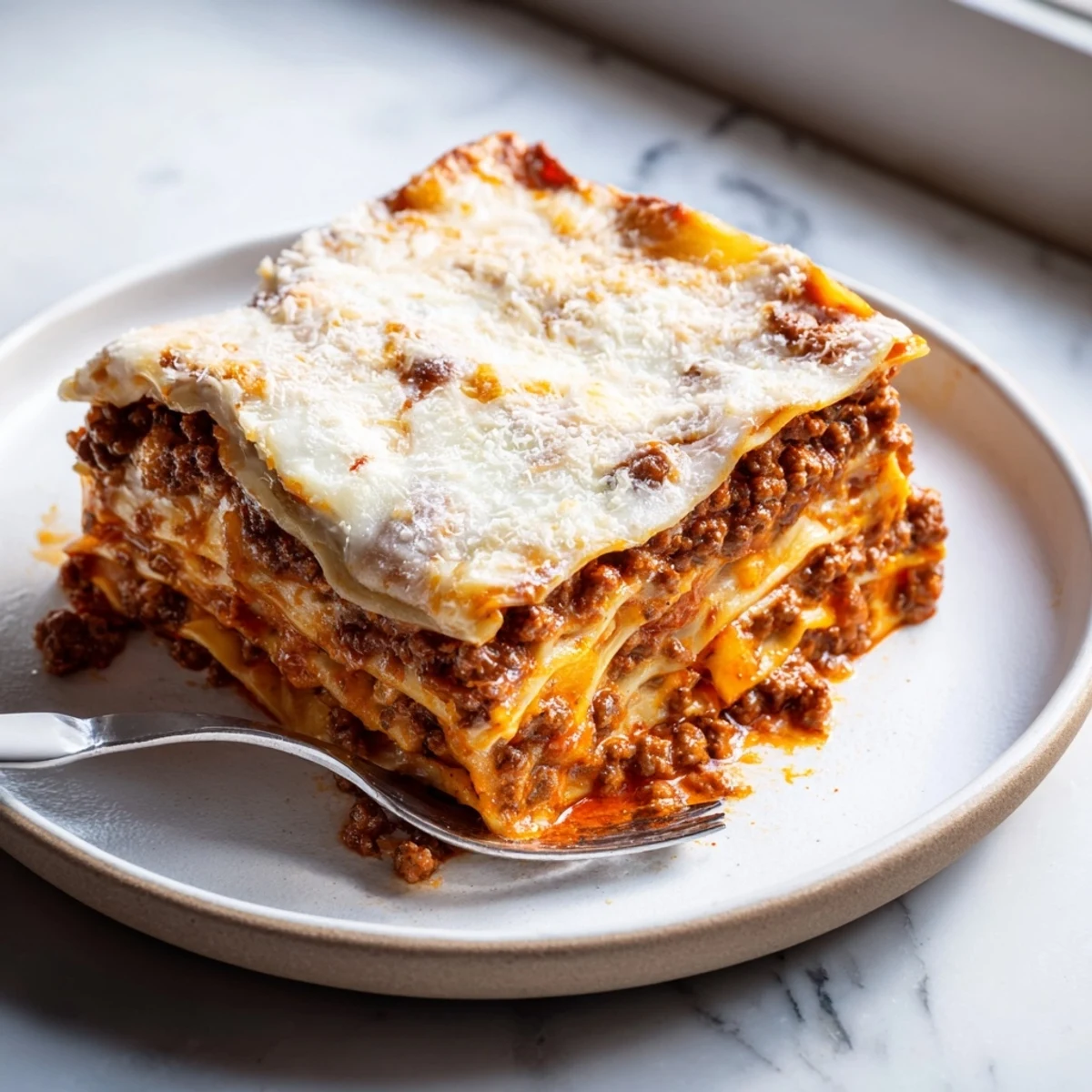 Sliced Classic Beef Lasagne showing tender pasta sheets between beef and creamy béchamel