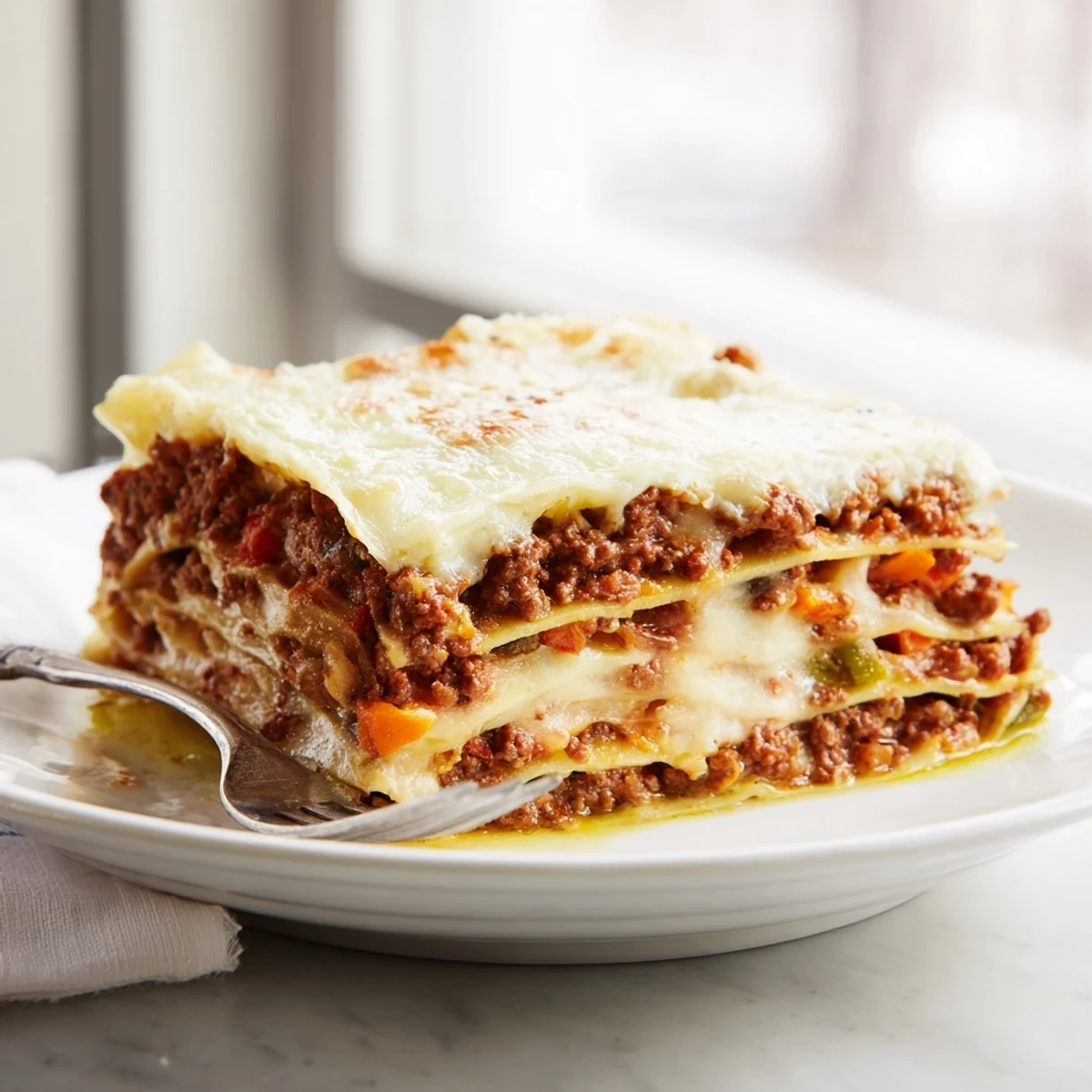 Classic Beef Lasagne baking dish with golden brown cheesy top and savory beef filling