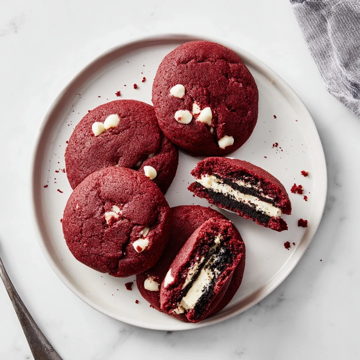 Soft red velvet cookie filled with sweet Oreo cream cheese frosting alongside scattered crushed cookie pieces