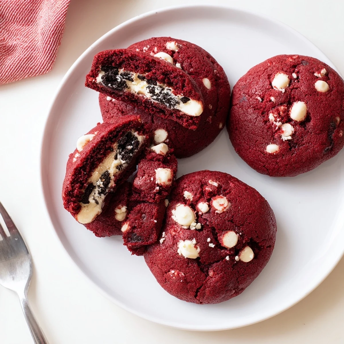Freshly baked homemade red velvet Oreo cookies stuffed with creamy Oreo filling and white chocolate chips on a cooling rack