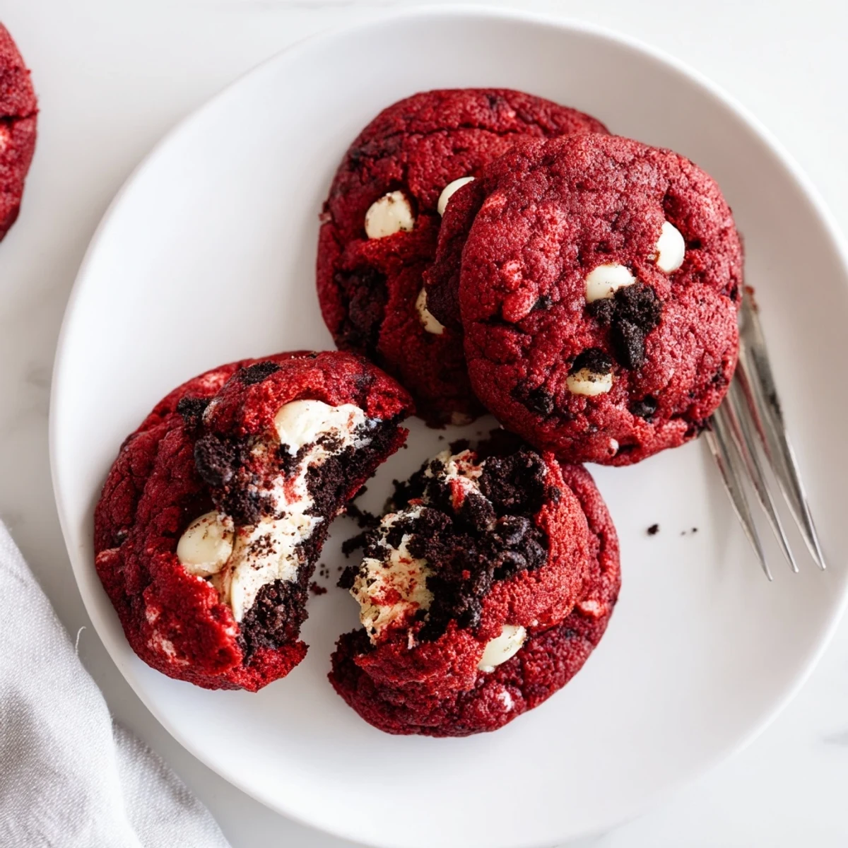 Indulgent homemade red velvet Oreo cookies with white chocolate chunks and hidden cream filling ready for serving