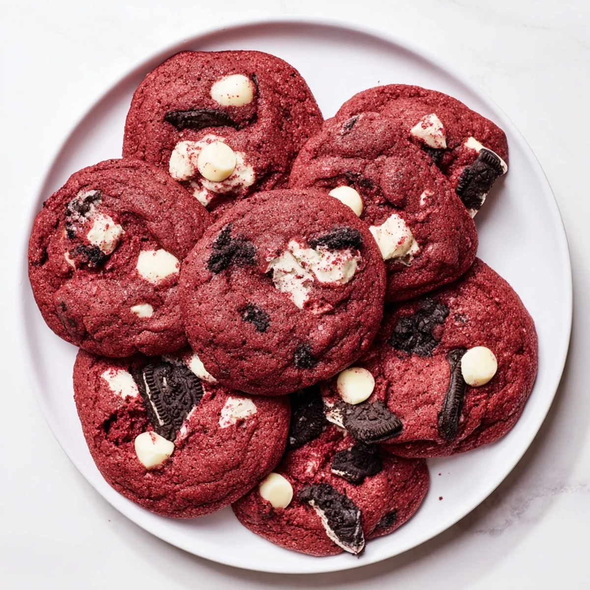 Chewy red velvet Oreo cookies with Oreo chunks and white chocolate chips on a cooling rack
