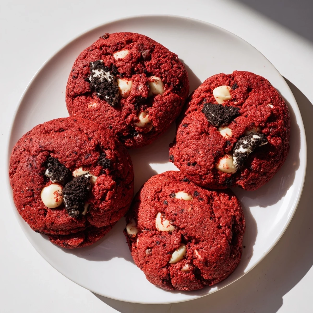 Soft red velvet Oreo cookies stacked on a white plate with visible white chocolate chips