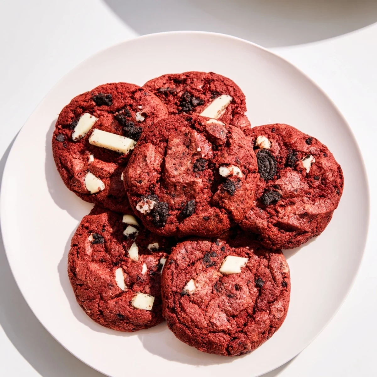 Freshly baked red velvet Oreo cookies showing red crumb texture and cream cookie pieces inside