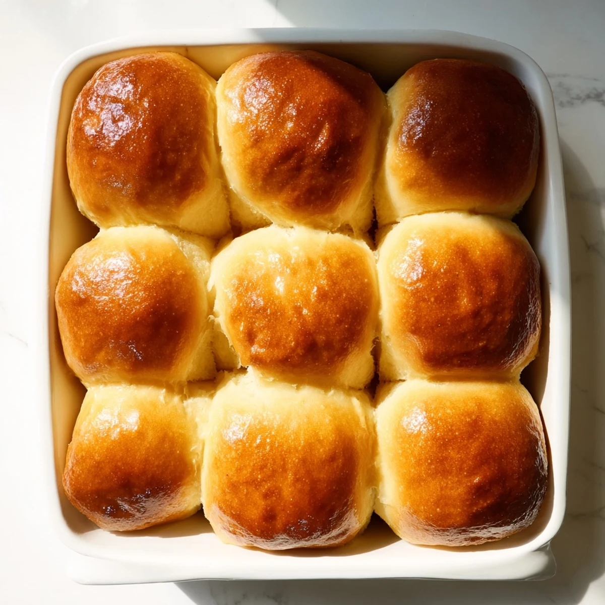Golden brown buttery brioche rolls arranged in a baking pan, freshly baked with shiny glazed tops