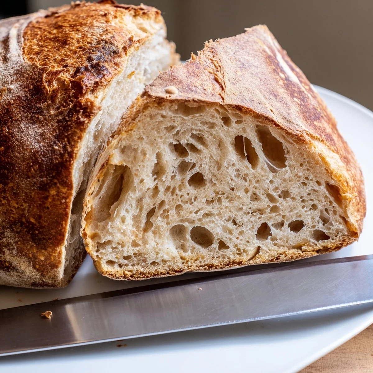 Golden brown artisan no knead bread loaf with crackly crust resting on wire cooling rack
