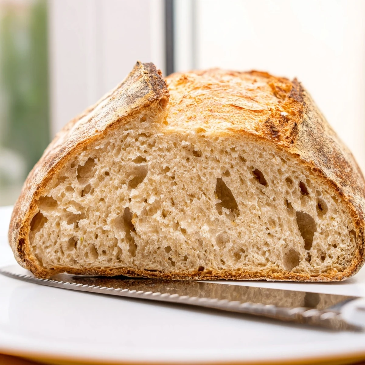 Freshly baked no knead bread dusted with flour served alongside olive oil for dipping