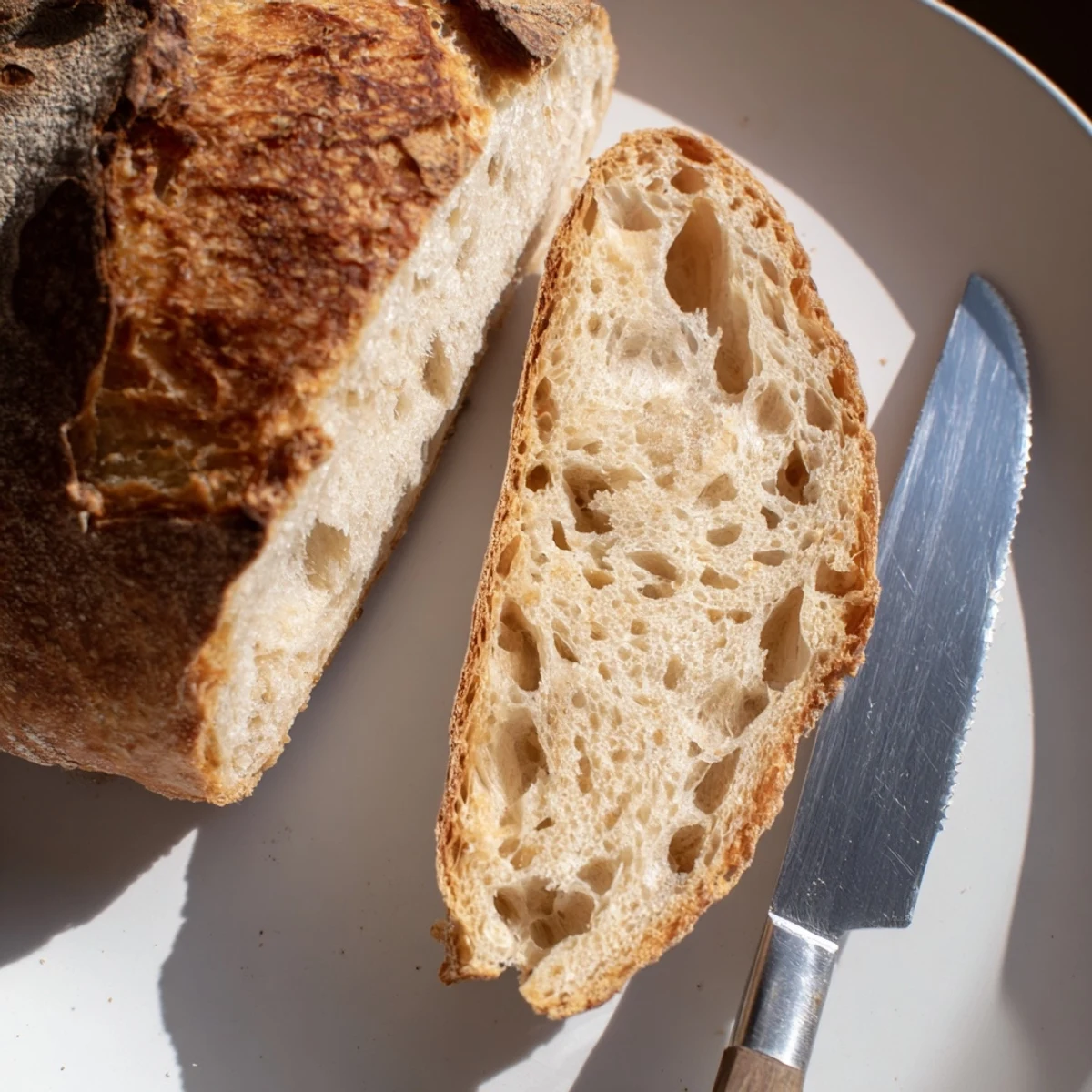 Rustic homemade no knead bread sliced open revealing chewy airy interior crumb structure