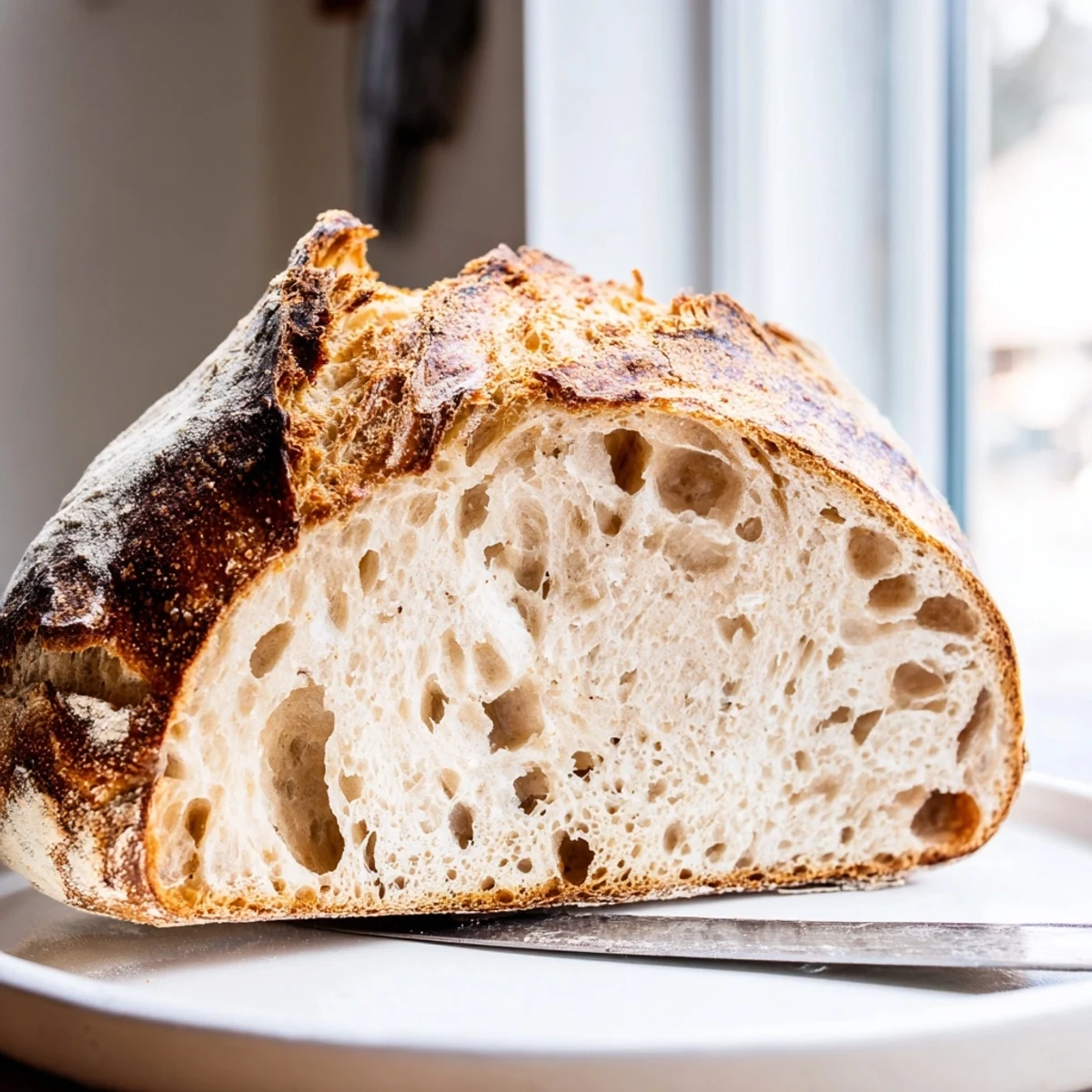 Homemade crusty bread broken open showing airy holes and perfect texture for dipping