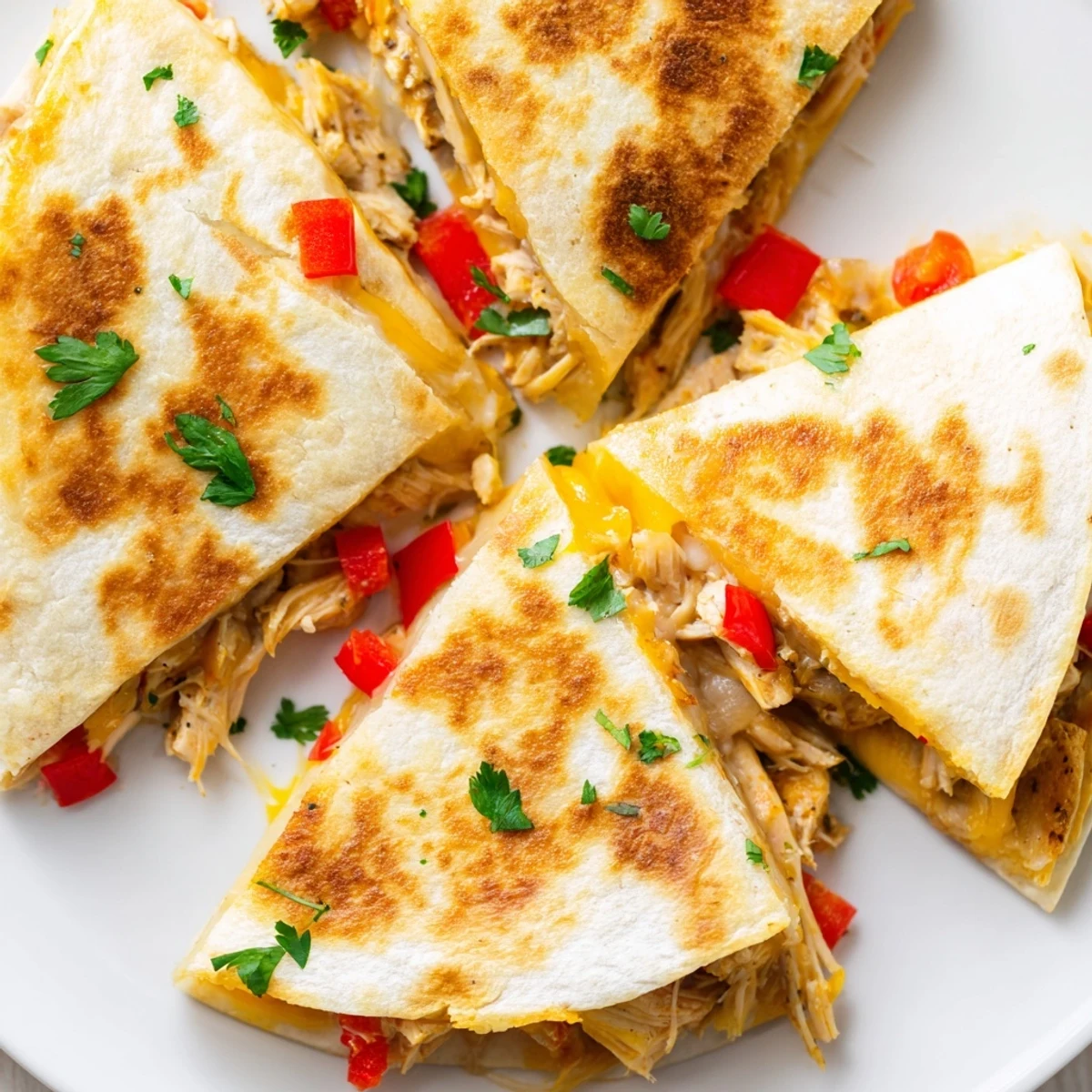 Golden crispy chicken quesadillas cut into triangles, garnished with fresh cilantro and served with sour cream