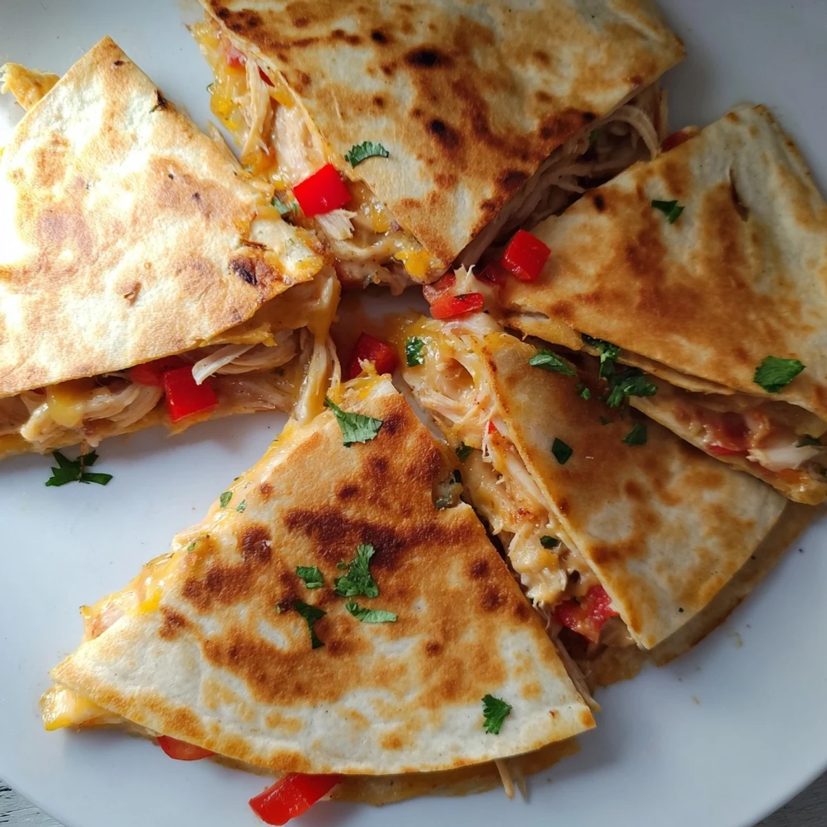 Homemade crispy chicken quesadillas featuring melted cheese and seasoned chicken in a toasted flour tortilla on a white plate
