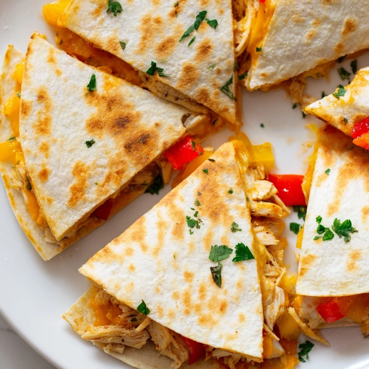 Mexican-inspired crispy chicken quesadillas with red bell peppers and shredded cheese, perfectly pan-fried until golden brown