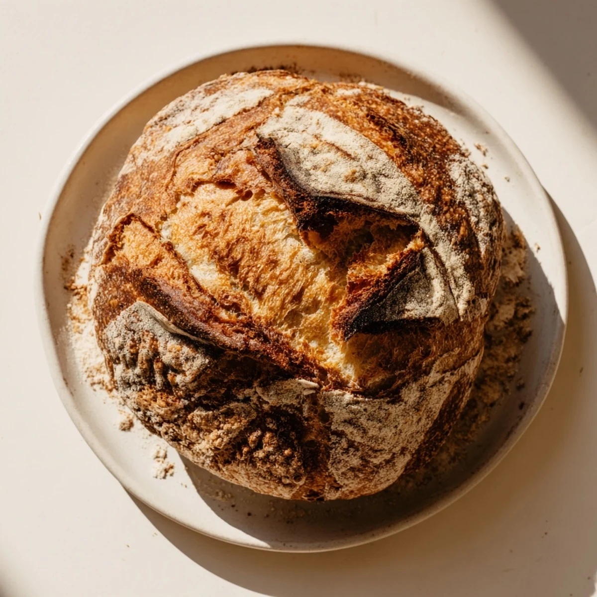 Homemade easy rustic bread with golden crust and airy crumb, freshly baked on cooling rack