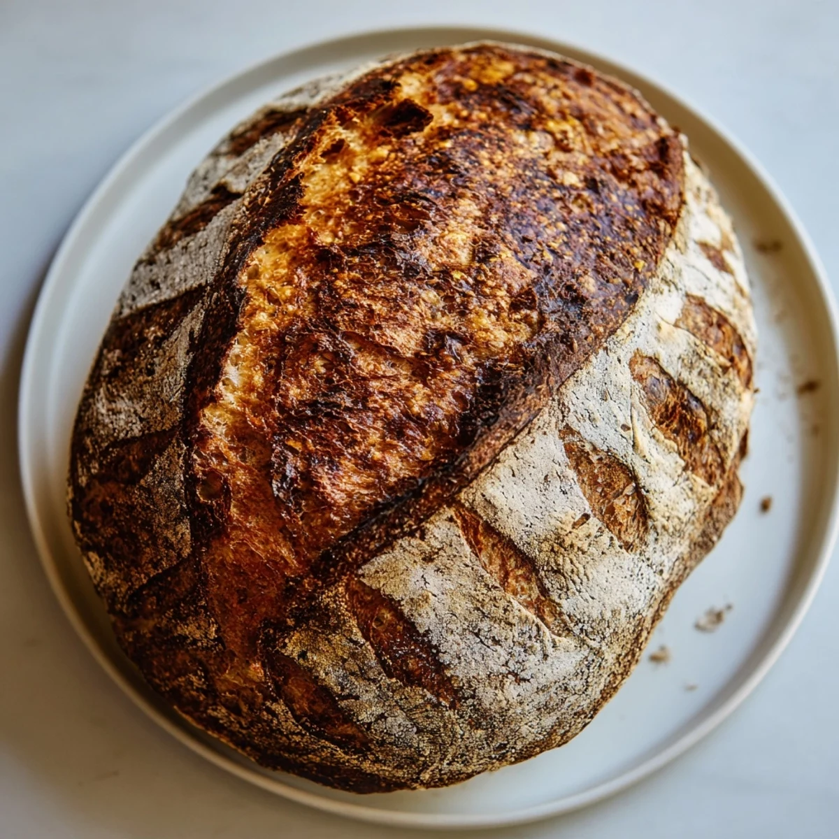 Crusty easy rustic bread loaf scored with cross pattern on wooden cutting board