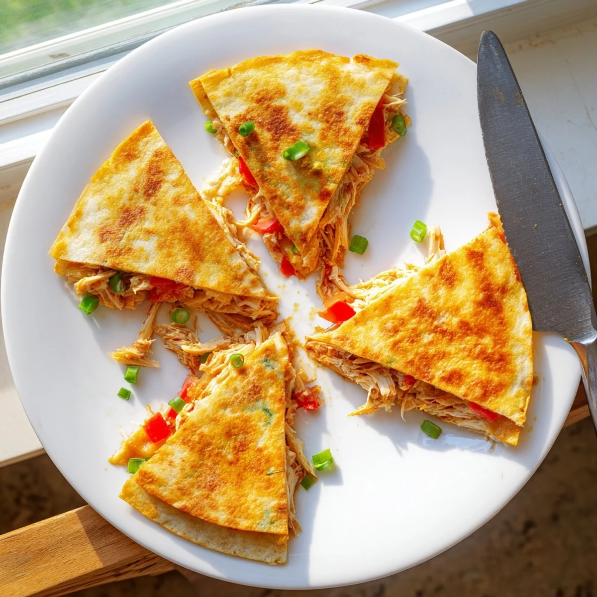 Oven-baked quesadillas filled with seasoned chicken and melted cheese, garnished with green onions