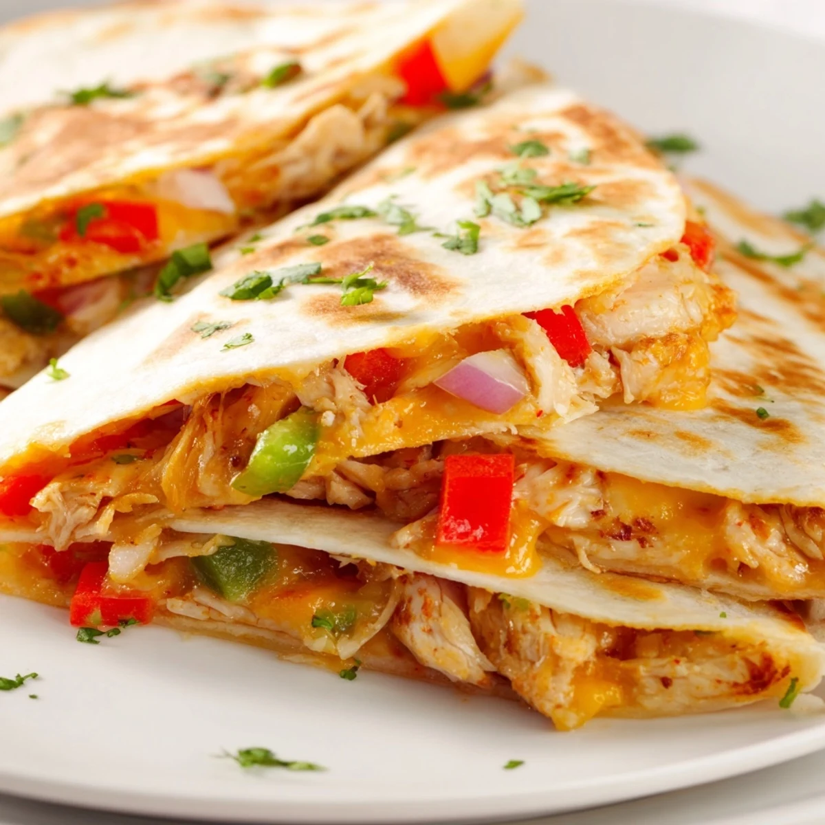 Golden brown chicken quesadillas sliced into wedges on a wooden cutting board with fresh cilantro garnish
