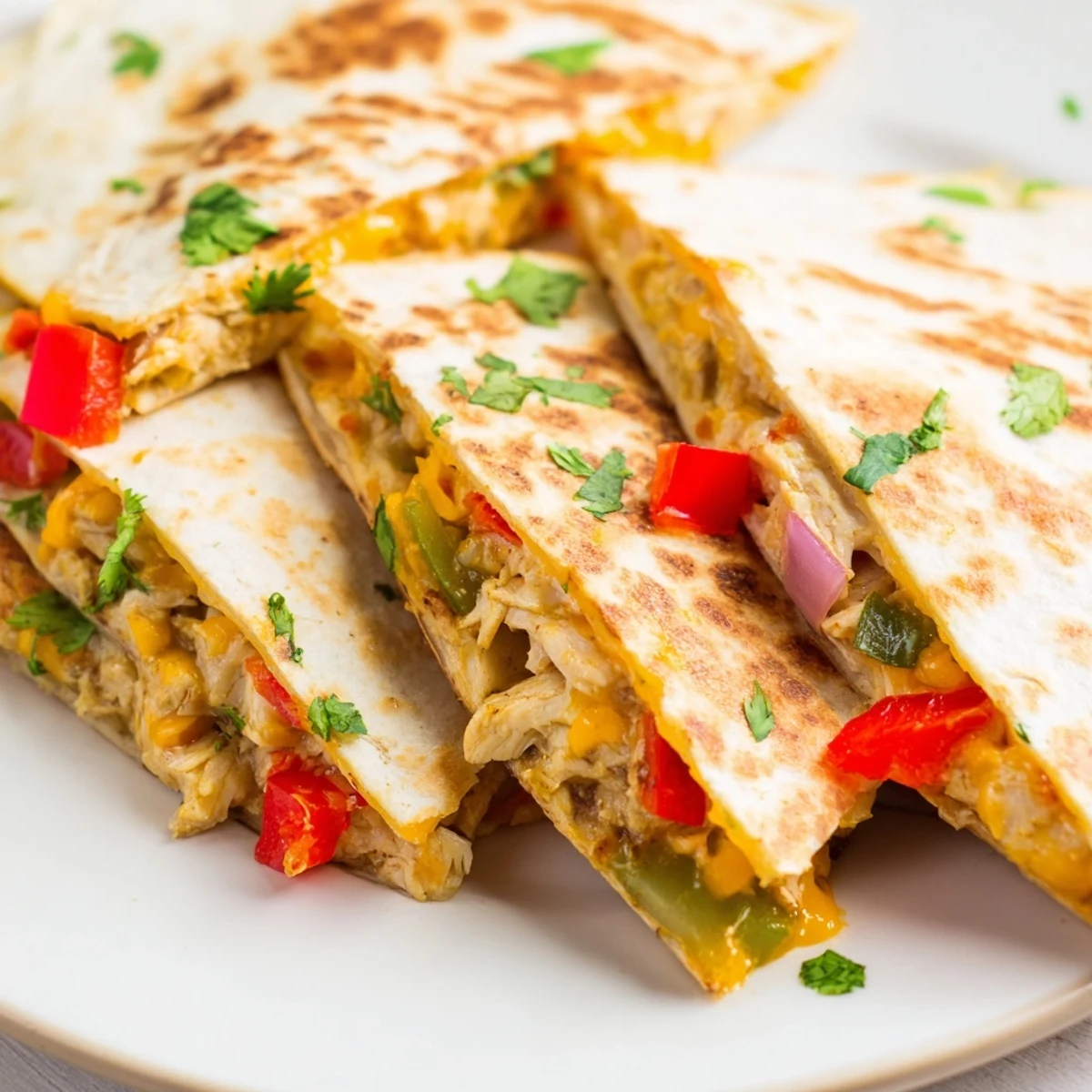 Melted cheese oozing from crispy chicken quesadillas served with salsa, guacamole, and sour cream dipping sauces