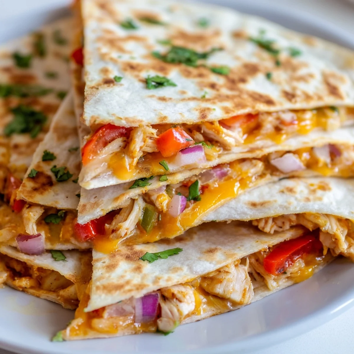 Close-up of sizzling chicken quesadillas in a skillet showing colorful peppers and perfectly melted cheddar cheese
